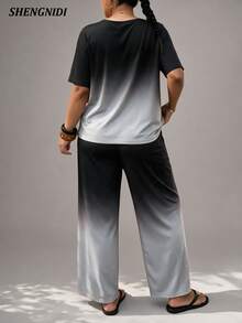 Set Piyama Wanita Ukuran Besar Lengan Pendek Celana Panjang Pakaian Santai, Musim Semi/Panas - Hitam dan Putih - View 2