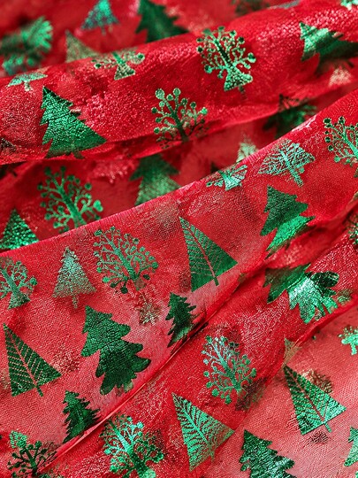 HHMC 1pc Hot-Selling Red Tulle, Green Christmas Tree Foil Print, Holiday Party Decoration, Transparent Tulle, 150cm Wide, DIY Craft & Sewing Fabric