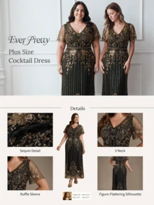 EVERPRETTY Autumn/Winter Plus Luxury Sequin Embroidered Batwing Sleeve Straight Mesh Black & Gold Formal Evening Gown For Dinner Party Wedding Guest Anniversary - Multicolor - View 9