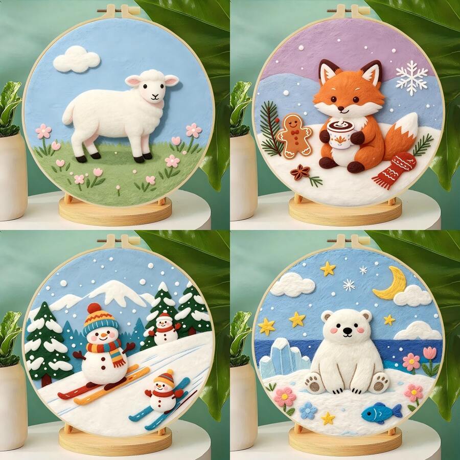 20x20cm/7.9x7.9 Inch DIY Needle Felting Starter Kit,Wool Felt,Winter Animals Theme Includes Instruction Manual,Embroidery Frame,Stamping Needle,Foam Padding,Wool And Felt,Handicraft Embroidery For Home Decoration,Suitable Gift For Special Occasions
