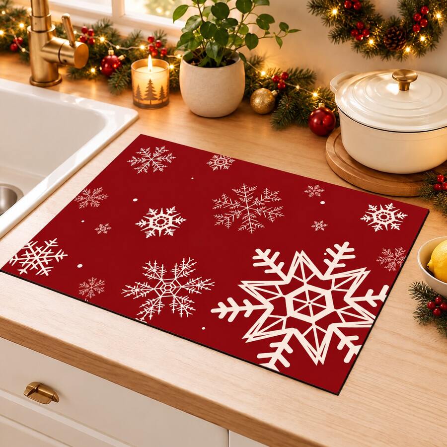 1pc Christmas Snowflake Pattern Kitchen Table Mat, Red Winter Dining Table Mat Coffee Table Mat, Christmas Snowflake Table Mat, Holiday Kitchen Dining Room Tabletop Decor Drain Mat, Christmas Party Home Decor - Multicolor - View 1