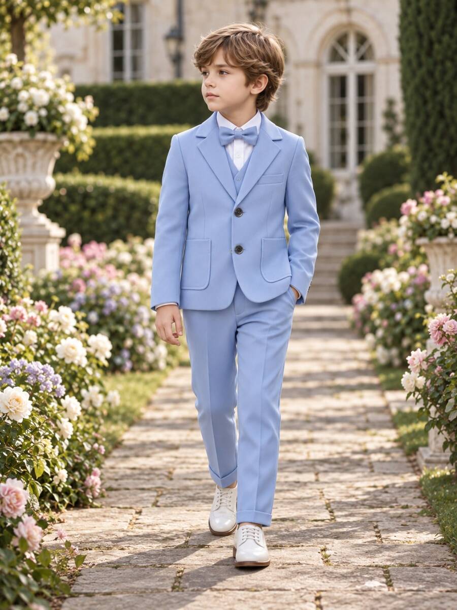 男童新西裝套裝，花童婚禮服裝，英式風格三件套，西裝外套與長褲 - 藍色 - 查看 1