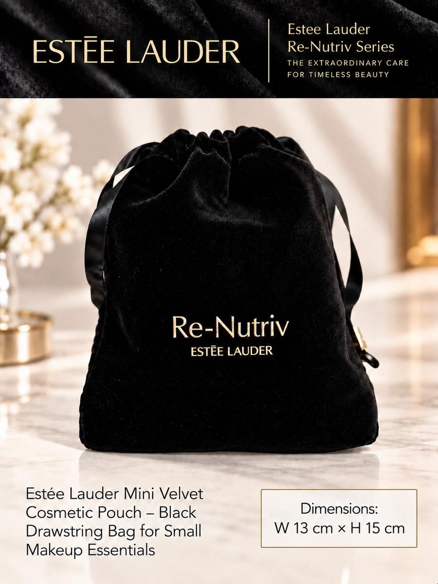 Estée Lauder Mini Velvet Makeup Bag (13cm W X 15cm H) - Black Drawstring Storage Bag, Suitable For Storing Small Essential Cosmetics