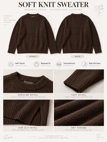 New Women's Square Round Neck Brown Ribbed Collar Pullover Knit Sweater, Casual Everyday Versatile - Brown - View 5