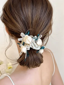 1 Pc Korean Handmade Fabric Rose Scrunchie, Bow Hair Tie Elastic Rubber Band, Hair Accessory For Women, Suitable For Bun Hairstyle - Multicolor - View 3