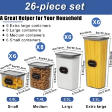 Set Of 26/12/6 Airtight Food Storage Containers With Lids, Stackable Reusable Plastic Cereal Storage Bins, Large Sealed Boxes For Flour, Sugar, Dry Food & Grain, Kitchen Pantry Organizers, Comes With Labels, Marker & Spoon - Grey - View 13