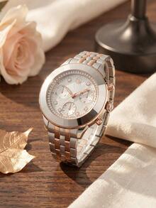 Swarovski Two-Tone Chronograph Watch - Rose Gold & Silver Crystal Bezel White Dial, Swiss Made Luxury Wristwatch Gift For Women - Rose Gold - View 2