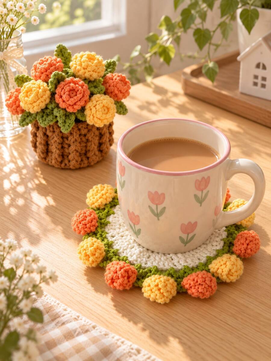 Pot Bunga & Tatakan Gelas Rajutan Tangan 2-in-1, Alas Cangkir Rajutan Bunga, Ornamen Dekorasi Meja yang Estetis, Cocok untuk Cangkir Kopi dan Teh, Dekorasi Meja Kantor Rumah