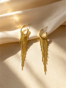 1 Pasang Anting-Anting Minimalis Fashion Panjang Rumbai Emas Elegan - Emas - View 12