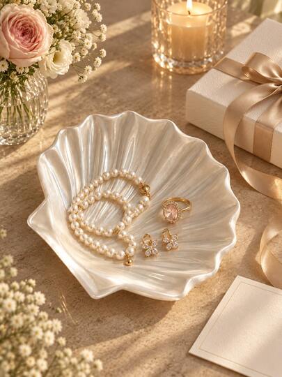 1pc Pearl White Scallop Shell Ring Tray, Decorative Shell Jewelry Dish With 3D Texture, Can Store Earrings, Necklaces, Bracelets, Rings, Gemstones, Suitable For Vanity, Bedroom Dresser, Nightstand Or Makeup Table | Jewelry Dish, Shell Tray, Ring Holder, Gift For Her