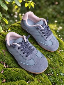 Pink Gray Low-Top Elastic Band Sneakers, Retro Colorblock Casual Shoes, Suede-Like Upper, Thin Rubber Sole - Dusty Blue - View 4