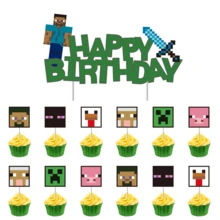 Cake Topper Set, Pixel Game Happy Birthday Cake Decorations, Big Cake Topper & Cupcake Toppers, Pixel Character Cupcake Picks For Birthday, Halloween, Thanksgiving, Christmas - Multicolor - View 3