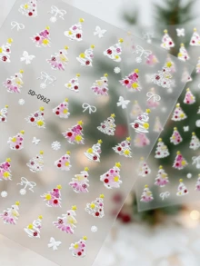 1pc 5D Christmas Nail Stickers Kawaii Embossed Pink And White Gradient Christmas Tree/Snowflake Bow Nail Decals,DIY Winter Xmas Manicure Decor - Multicolor - View 4