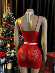 Women's Christmas Red Lace 3 PiecesLingerie Set With Feather Trim Cross Cutout Top And Mini Skirt - Red - View 2