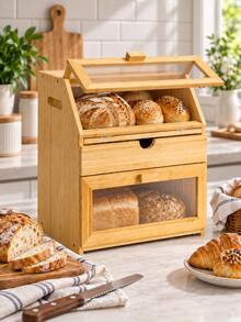 1pc Bamboo Bread Box, Double Layer Bread Storage Container With Clear Windows And Drawer, Countertop Bakery Organizer For Home Kitchen, Pantry, Apartment, Farmhouse Decor, Bread And Pastry Storage - Multicolor - View 5