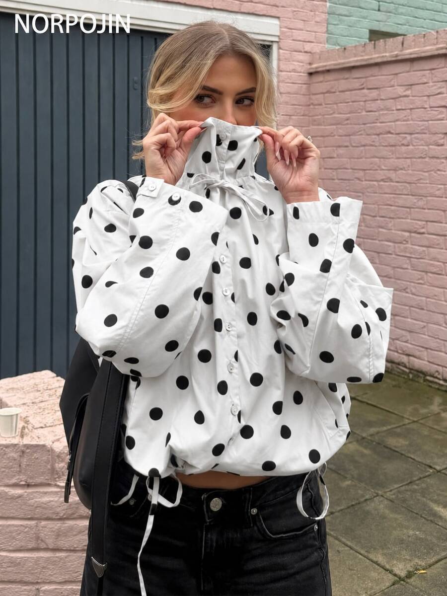 Chaqueta con cordón estampada con lunares, de estilo informal para vacaciones de primavera y otoño, color blanco