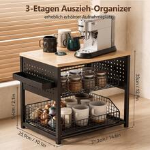 2026 Neuheit Kaffee-Kapsel Aufbewahrungsregal, dreistufige Kaffee-Station mit 5 Metall-Schubkörben und seitlichem Tablett, Kaffeemaschinenständer mit Walnuss Echtholzoberfläche, Küchen Organizer für Kaffee-Kapseln, Tassen, Gewürze und Teeutensilien - Verschiedenfarbig - Übersicht 4