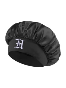 1件裝男士海軍藍緞面睡眠帽，單字母刺繡寬鬆鬆緊帶髮帽，防毛躁護髮夜帽 - 黑色 - 查看 11