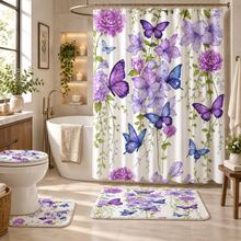 1/4pcs Purple Watercolor Butterfly Print Shower Curtain, Waterproof Polyester Material, Simple Style Home Decor Shower Curtain Set Include Toilet Seat Cover, U-Shaped Mat, Anti-Slip Bath Mat Back To School Bathroom Decor - Multicolor - View 1