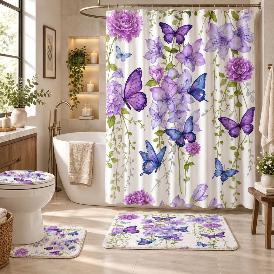 1/4pcs Purple Watercolor Butterfly Print Shower Curtain, Waterproof Polyester Material, Simple Style Home Decor Shower Curtain Set Include Toilet Seat Cover, U-Shaped Mat, Anti-Slip Bath Mat Back To School Bathroom Decor - Multicolor - View 1