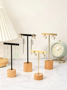 1pc Iron Art Earring Display Stand, Wooden Base T-Shaped Earring Holder Jewelry Display Rack Accessory Storage Display Prop - Multicolor - View 8
