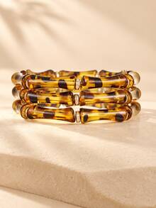 3pcs/Set Women's 3-Layer Chunky Beaded Bracelets, Bamboo Knot Style Personalized Bangles, Vintage Fashion Wrist Accessories - Leopard Print - View 11