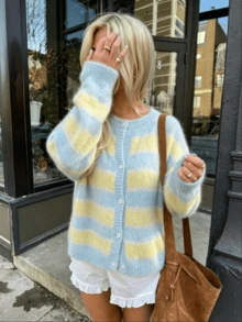 Women's Dopamine Striped Short Knit Cardigan, Soft Fuzzy Blue‑Yellow Sweater Jacket, Sweet Style For Fall Winter Daily & School Outings - Baby Blue - View 1
