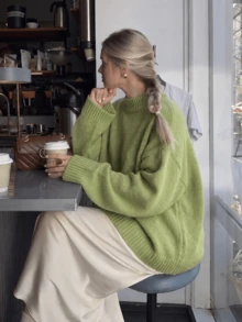 Women's New Autumn/Winter Round Neck Loose Drop Shoulder Slouchy Knit Sweater Top - Green - View 3