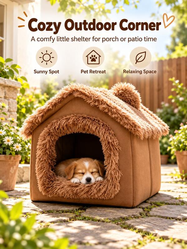 Cama para mascotas con forma de casa de felpa suave color marrón, cómoda para interiores/exteriores, suministros para perros y gatos, adecuada para gatos y perros, nido con techo esponjoso, proporcionando un nido cálido y cerrado para cachorros y gatos