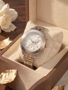Swarovski Two-Tone Chronograph Watch - Rose Gold & Silver Crystal Bezel White Dial, Swiss Made Luxury Wristwatch Gift For Women - Rose Gold - View 6
