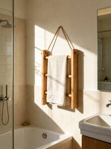 1pc No-Drill Towel Rack, Bathroom Towel Bar, 3-Tier Towel Rack, Bathroom Accessory, Made Of Pine Wood, With A Vintage Style. Towel Rack, Towel Bar, Also Usable For Home Decoration. It's A Freestanding Storage And Organization Item. - Ginger - View 6