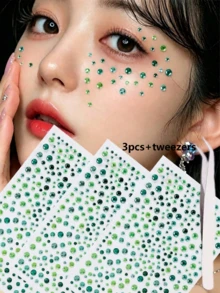 7/5/3/1 Sheets Green Self-Adhesive Face Gem Stickers, Tweezers, For Face, Body, Suitable For Christmas, Parties, Festivals, Y2K Style, Concert Looks, Face Gems, Accessories Can Be Purchased Separately - Multicolor - View 12