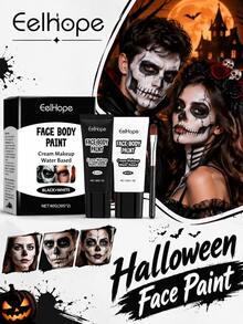 Eelhope Face Body Paint, Black & White Water Based Body Paint Cream, High Coverage Face Paint for Halloween Skull, Clown Cosplay Costume Party, Easy to Apply & Blend, Ideal for DIY Festival Stage Body Art Makeup - Negro - Ver 2