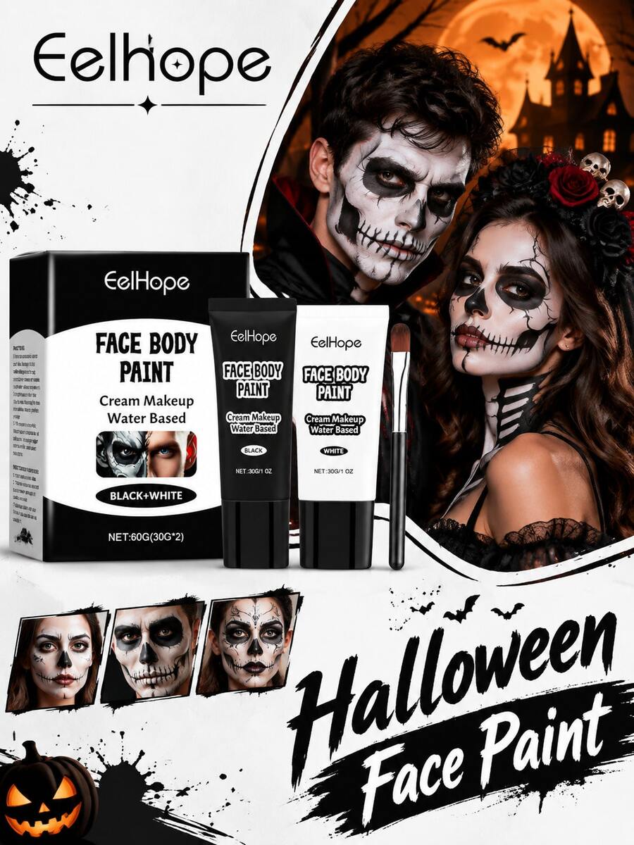 Eelhope Face Body Paint, Black & White Water Based Body Paint Cream, High Coverage Face Paint for Halloween Skull, Clown Cosplay Costume Party, Easy to Apply & Blend, Ideal for DIY Festival Stage Body Art Makeup