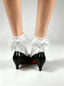 1/3 Pairs Women's Lace Mid-Calf Socks With Large Satin Bow And Floral Lace Trim, Sweet Cute Lolita Style Mesh Ruffle Short Socks, Gift For Friends - Multicolor - View 2