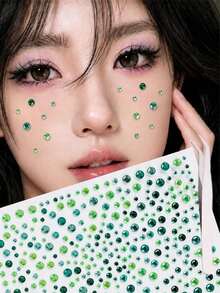 7/5/3/1 Sheets Green Self-Adhesive Face Gem Stickers, Tweezers, For Face, Body, Suitable For Christmas, Parties, Festivals, Y2K Style, Concert Looks, Face Gems, Accessories Can Be Purchased Separately - Multicolor - View 5