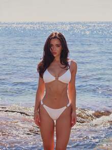Women's Solid Color Ring Buckle Bikini Set. Wide Shoulder Straps With Square Neck Flatter The Shoulder And Neck Lines, Accented With Ring Buckles. - White - View 1