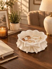 1pc White Bow Jewelry Storage Tray, Wavy Edge Round Dish, Can Neatly Store Rings, Earrings, Necklaces, Bracelets And Small Accessories, Add Elegant Decoration To Vanity, Dresser, Bedside Table Or Desk, Jewelry Dish, Vanity Storage, Storage - Multicolor - View 6