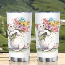 1/5pcs 20oz Cute Cat Travel Mug, Adorable Kitten Holding Flowers Flat Print, Fresh Watercolor Style, With Transparent Lid, Vacuum Insulated Stainless Steel Cup, Reusable, Suitable For Hot And Cold Drinks. Full Of Healing Vibes, Portable For Commuting And Outings, A Creative And Fun Gift For Cat Lovers. - Kitten Holding Flowers - View 4