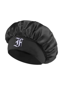 1件裝男士海軍藍緞面睡眠帽，單字母刺繡寬鬆鬆緊帶髮帽，防毛躁護髮夜帽 - 黑色 - 查看 9