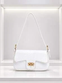 1pc Women's Fresh White Snakeskin Pattern Underarm Bag, Luxury Metal Lock, French Style, Daily Shoulder Bag - White - View 2