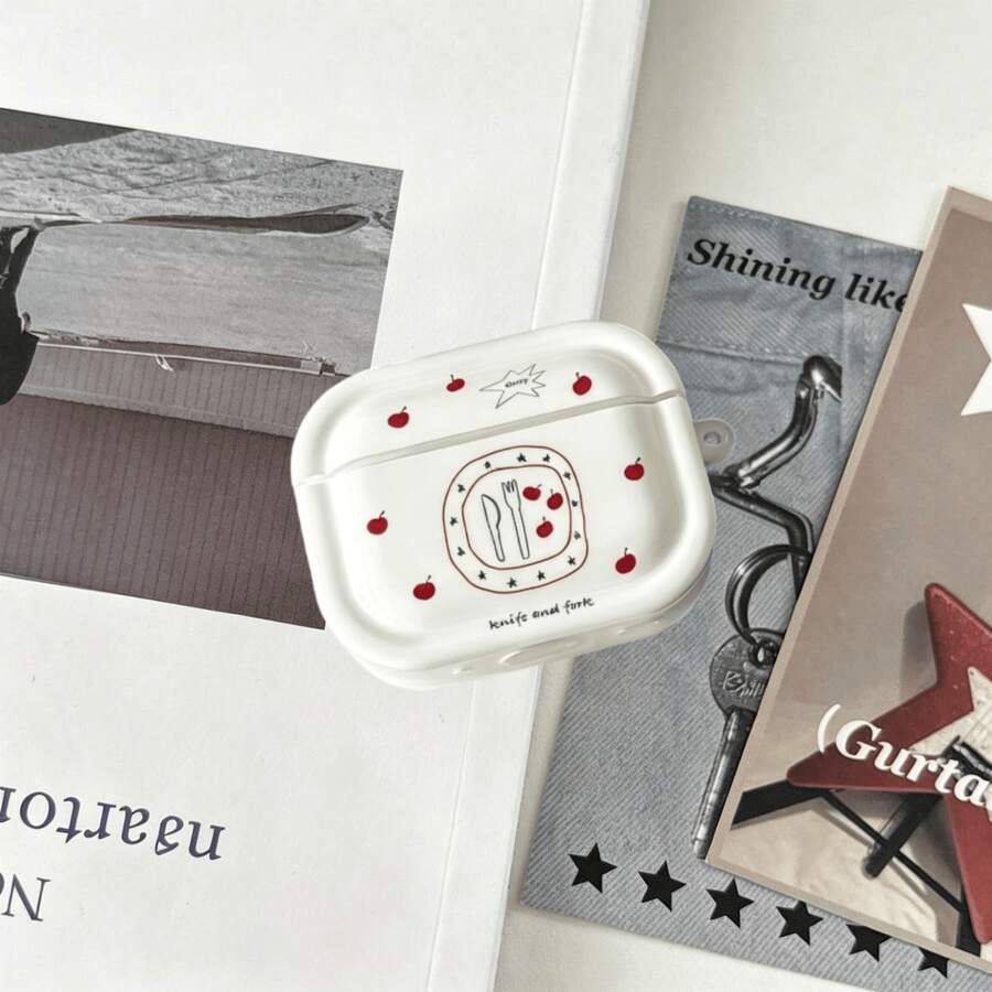Cream White Minimalist Bluetooth Earphone Protective Case, Hand-Drawn Red Apple, Knife & Fork Plate Simple Line Art Pattern, Clean And Fresh Korean Minimalist Style, Rounded Square Shell Design. Premium Soft Shell Material, Smooth And Delicate Touch, Simple And Clean Pattern Lines, Durable Printing Resistant To Wear. Precise Cutouts, Smooth Earphone Case Opening And Closing, No Impact On Charging Use. Side Hanging Hole Reserved, Can Add Hanging Chain, Convenient For Carrying. - White - View 1