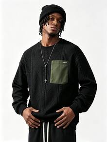 MULINSEN Sweatshirt Pria Bertekstur Jacquard Leher Bulat, Saku Kargo Warna Kontras, Longgar Kasual Lengan Panjang - Hitam - View 4