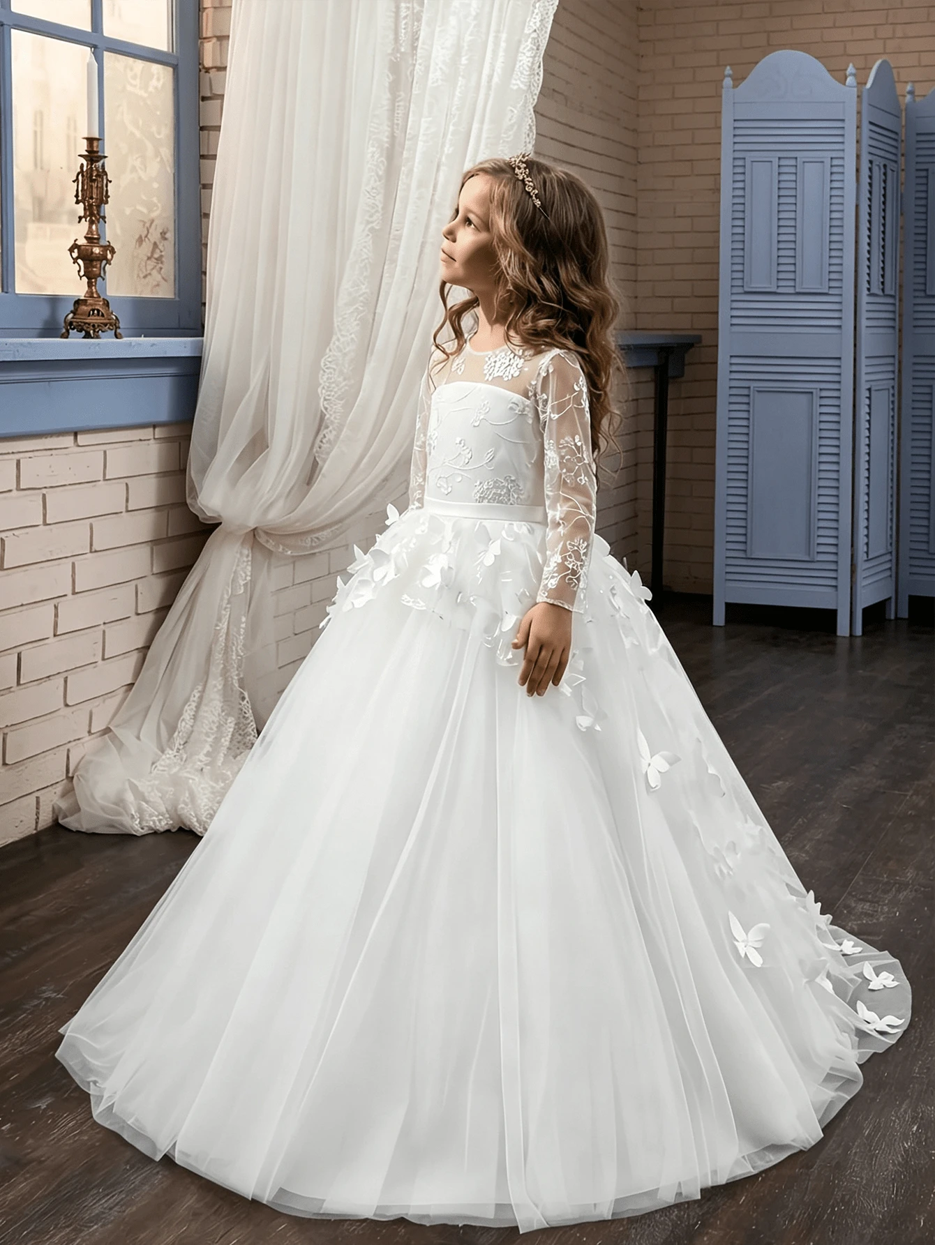 Tween Girl) Princess Style White Long Sleeve 3D Butterfly Decor Tulle Puff Dress, Autumn Fashion Back To School Ball Pageant Photography Costume - White - View 1