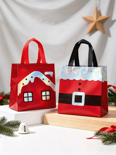 2Pcs Christmas Gift Bags, Santa Claus Suit Snow House Print Non-Woven Tote Bag, Reusable Xmas Handbag With Handle, Holiday Gift Packaging Carrier, Christmas Party Favor, New Year Present Wrap, Festive Shopping Bag, Christmas Decor Supplies