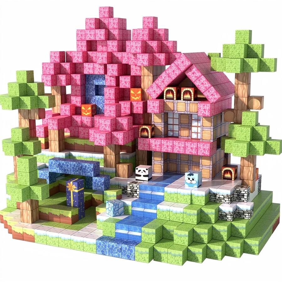 100pcs Random Color Cherry Blossom Forest Cascade Fairy Wooden House Building Blocks, DIY Stacking And Construction Toy Set, STEM Learning Toy, Develop Imagination And Hands-On Ability, Suitable For Boys And Girls 3 Years Old And Above, Halloween Christmas Birthday Holiday Gift - Multicolor - View 1