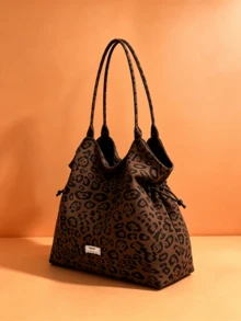 Women's Leopard Print Tote Bag, Large Capacity Drawstring Shoulder Bag, Casual Lightweight Handbag, Suitable For Daily Commute And Shopping - Multicolor - View 4