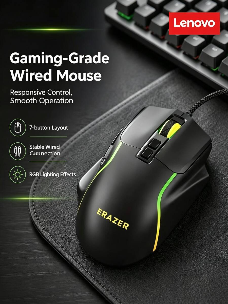 Lenovo M603 Wired Gaming Mouse, RGB Breathing Light Effect, USB Wired Mouse For Desktop/Laptop, Gaming, Office, Home Use, Black - View 1