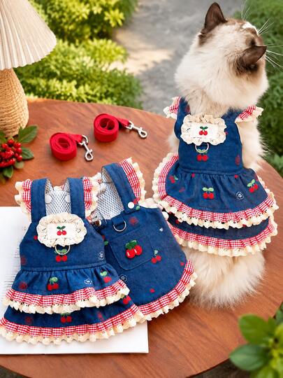 2pcs Cat Denim Dress Harness With Leash, Cute Cherry Embroidery Ruffle Pet Dress, Plaid Lace Trim Cat Clothes For Female Cats, Fashionable Kitten Outfit