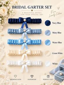Customized Bride Name & Date Personalized Wedding Garter, Blue Lace Bridal Keepsake, Handmade Gift, Gift For Her - Multi-color - Sock Strap Set - View 7